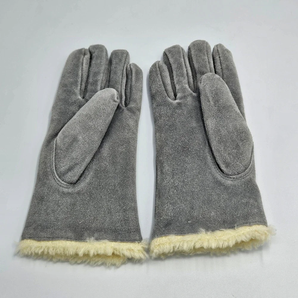 Vintage Grey Suede Leather Gloves Women Small Medium Faux Fur Lined Winter